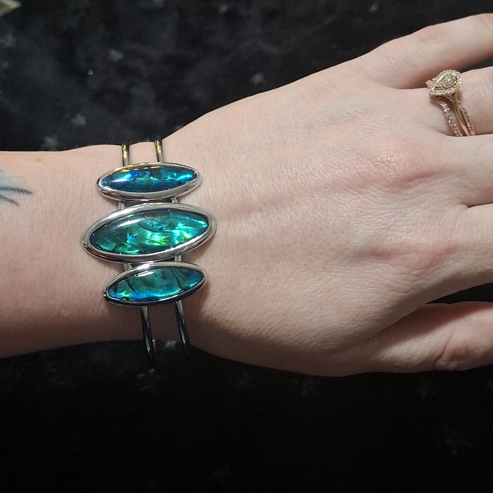 🐚Abalone Puau Shell Blue Green Mother Of Pearl Silver Hinge Cuff Bracelet - Picture 4 of 10